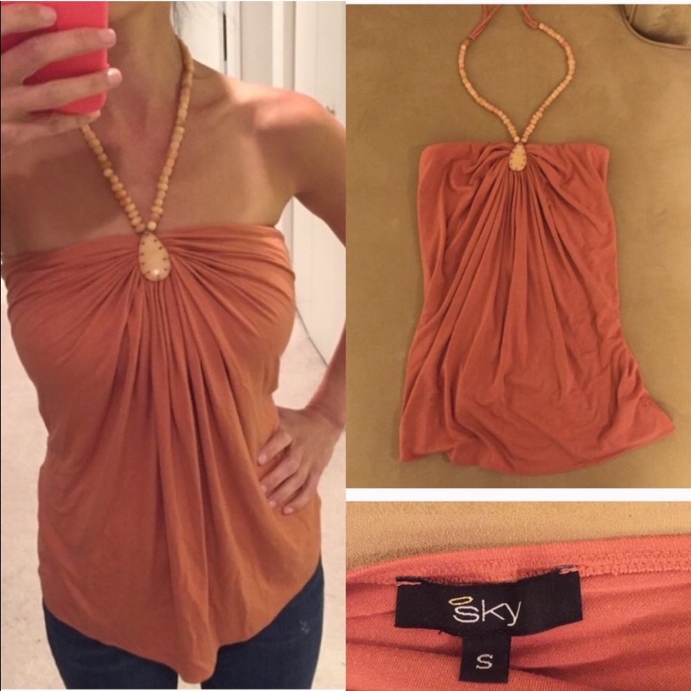 SKY Beaded Halter Top - Coral